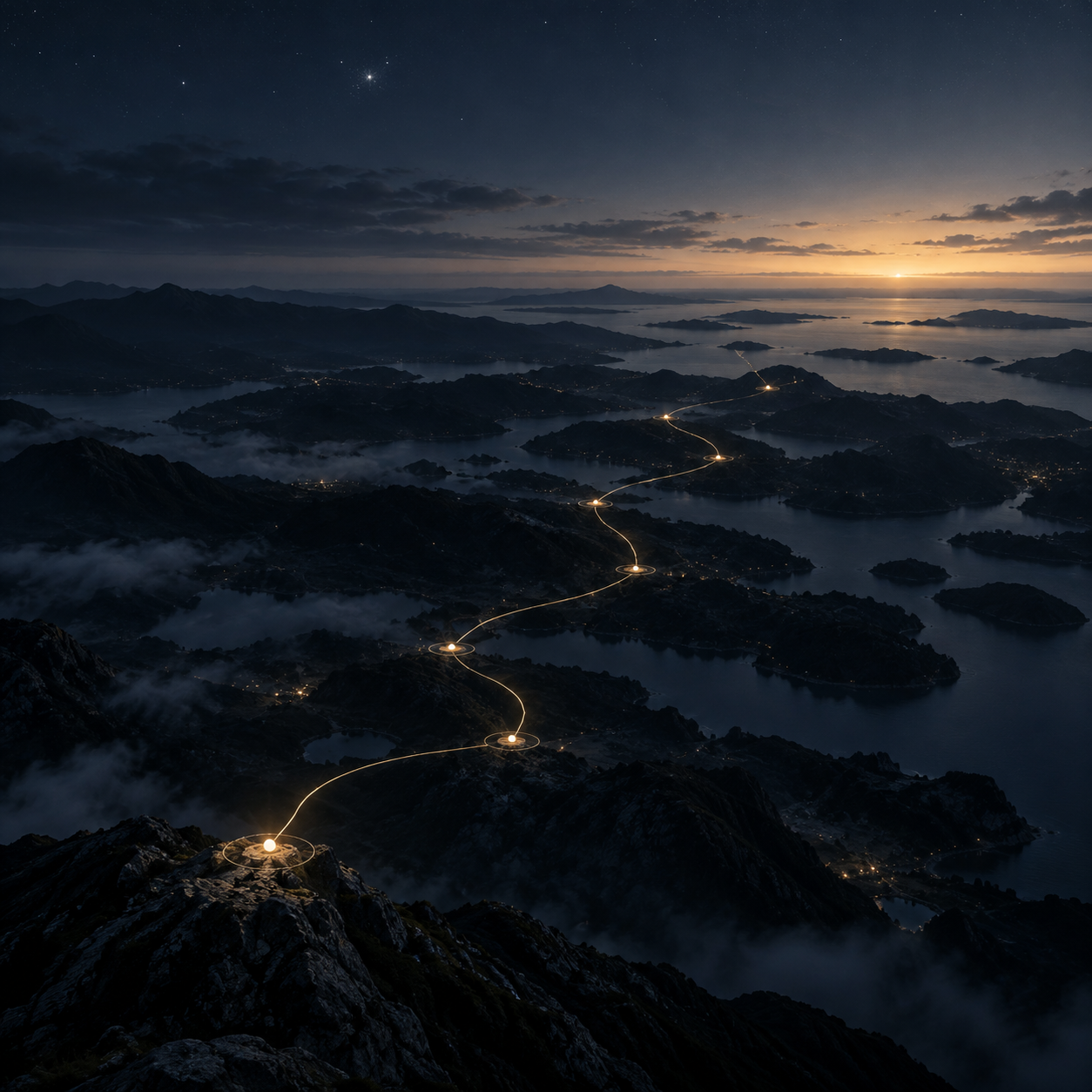 A quiet illuminated route toward an open horizon, visual identifier for Pathfinder